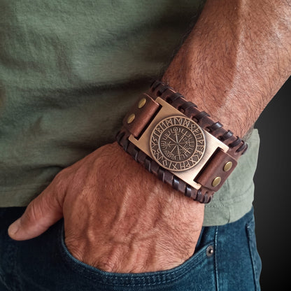 THE MEN THING Leather Bracelet WAYFINDER VIKING BROWN - "38"mm Wide Genuine Leather Adjustable Cuff Bracelet with Stainless Steel Hook for Men & Boys