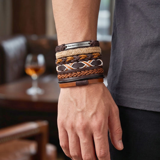 THE MEN THING Leather Bracelet WAYMAKER STACK - 6 Pcs Genuine Leather Adjustable Bracelet for Men & Boys