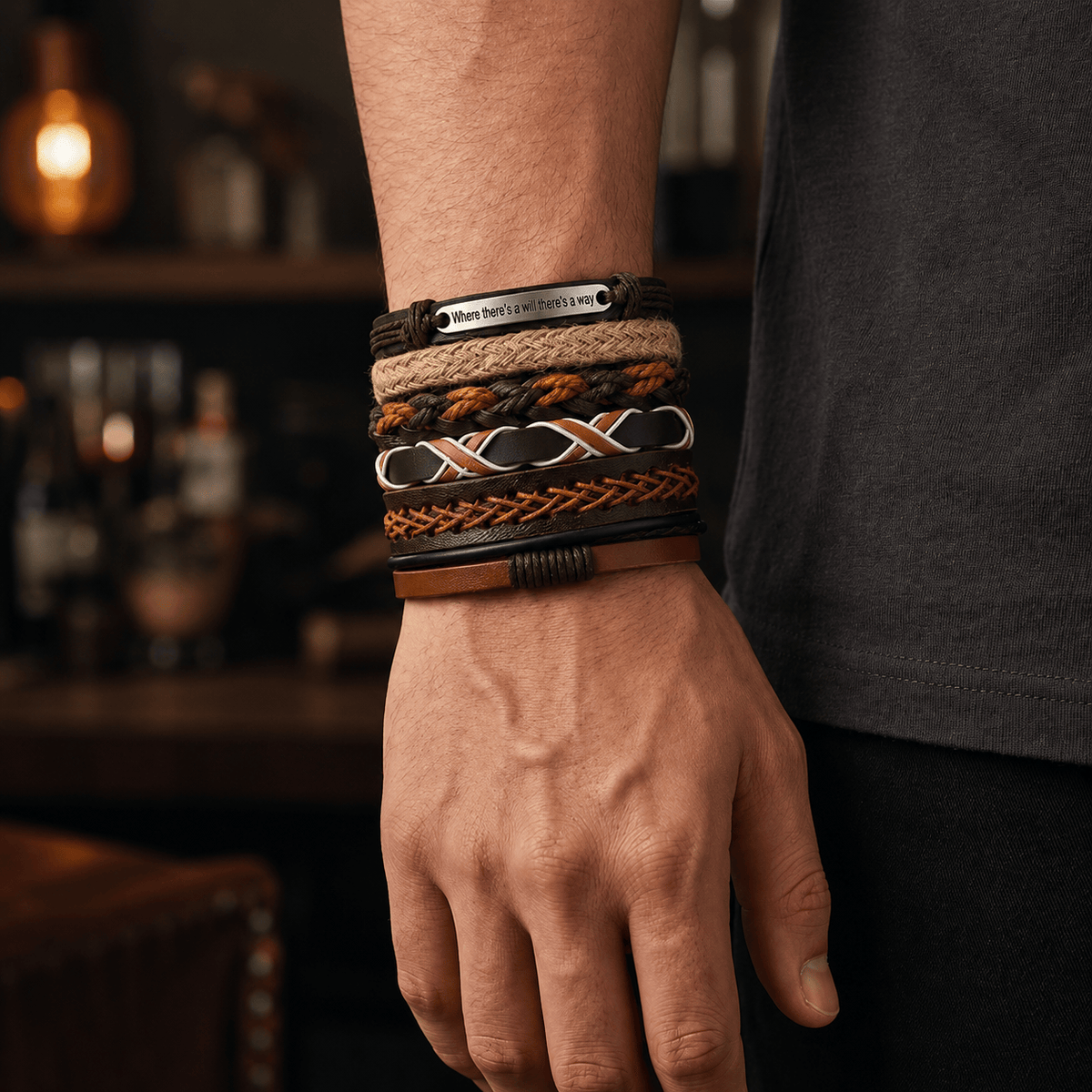 THE MEN THING Leather Bracelet WAYMAKER STACK - 6 Pcs Genuine Leather Adjustable Bracelet for Men & Boys