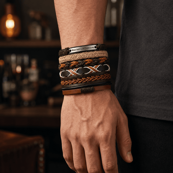 WAYMAKER STACK - 6 Pcs Genuine Leather Adjustable Bracelet for Men & Boys