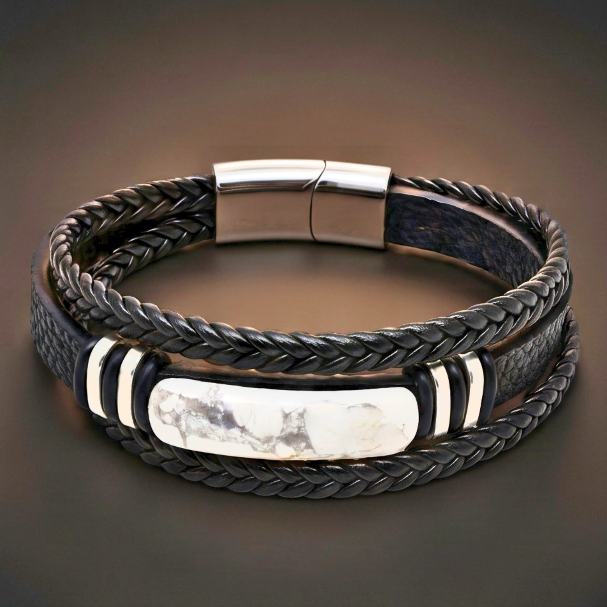 THE MEN THING Leather Bracelet WHITE HOWLITE CORE - 23mm Genuine Leather Multi-Layer Bracelet with Stainless Steel Magnetic Buckle for Men & Boys (8 inch)