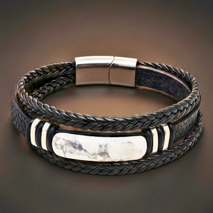 THE MEN THING Leather Bracelet WHITE HOWLITE CORE - 23mm Genuine Leather Multi-Layer Bracelet with Stainless Steel Magnetic Buckle for Men & Boys (8 inch)