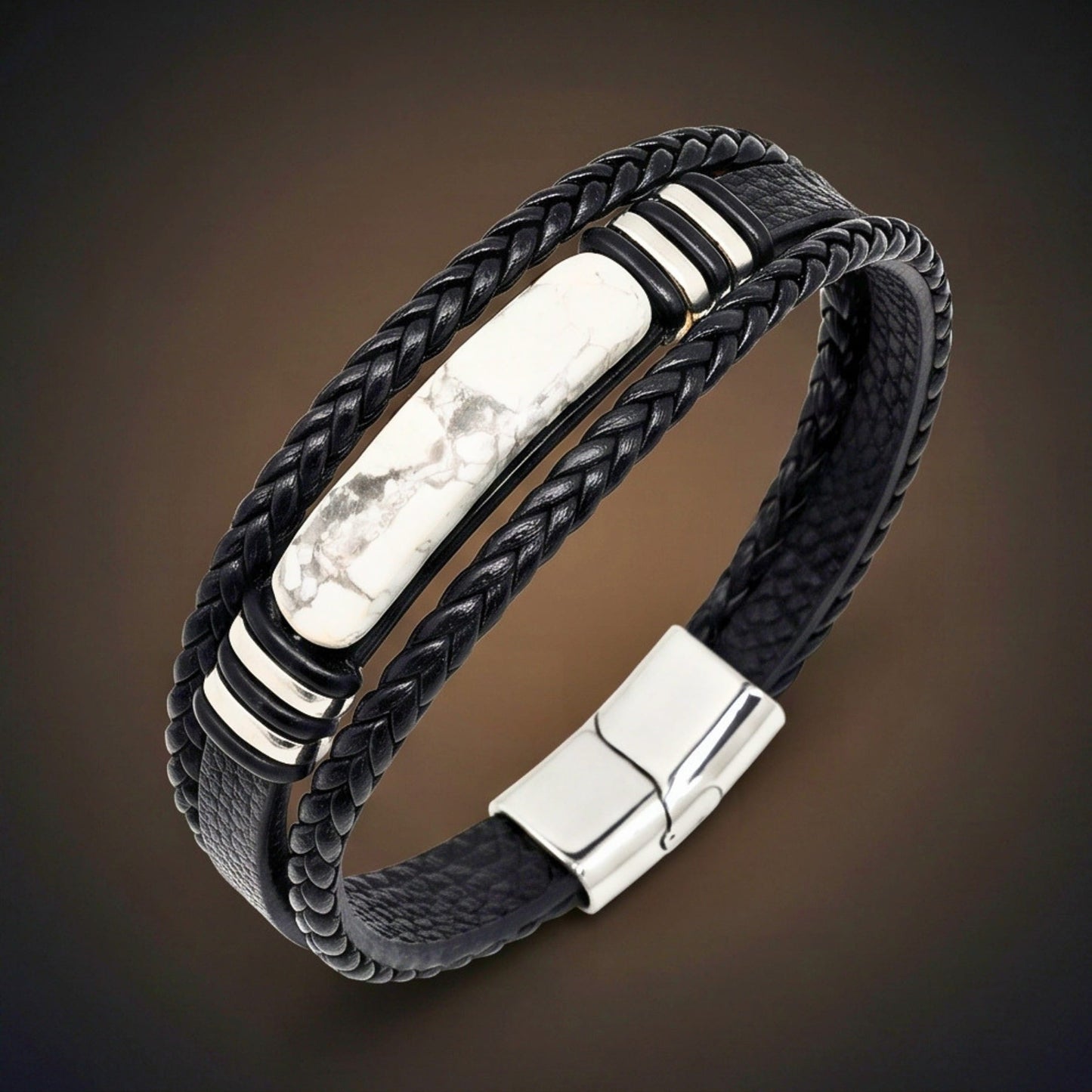 THE MEN THING Leather Bracelet WHITE HOWLITE CORE - 23mm Genuine Leather Multi-Layer Bracelet with Stainless Steel Magnetic Buckle for Men & Boys (8 inch)