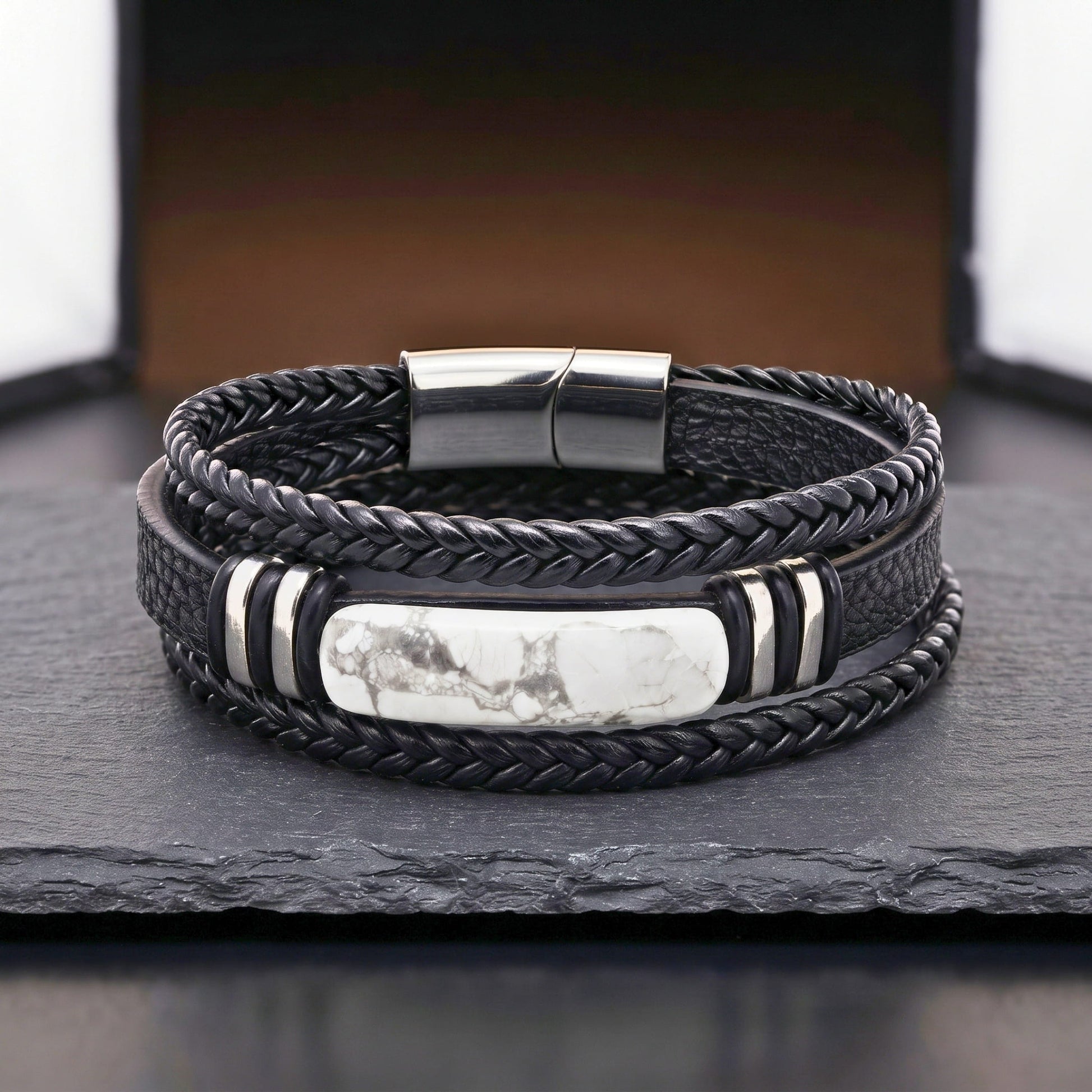 THE MEN THING Leather Bracelet WHITE HOWLITE CORE - 23mm Genuine Leather Multi-Layer Bracelet with Stainless Steel Magnetic Buckle for Men & Boys (8 inch)