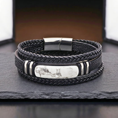 THE MEN THING Leather Bracelet WHITE HOWLITE CORE - 23mm Genuine Leather Multi-Layer Bracelet with Stainless Steel Magnetic Buckle for Men & Boys (8 inch)