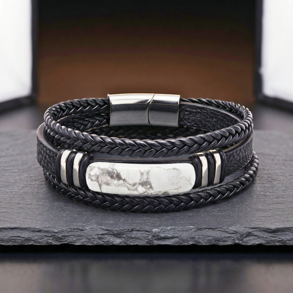 WHITE HOWLITE CORE - 23mm Genuine Leather Multi-Layer Bracelet with Stainless Steel Magnetic Buckle for Men & Boys (8 inch)