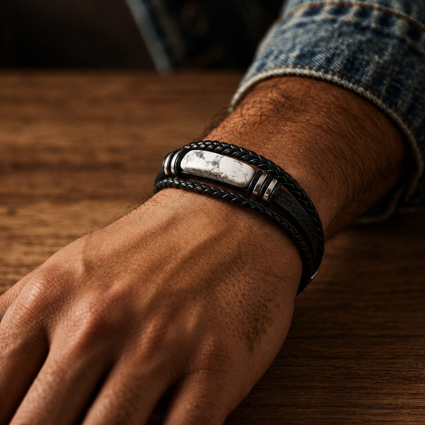 THE MEN THING Leather Bracelet WHITE HOWLITE CORE - 23mm Genuine Leather Multi-Layer Bracelet with Stainless Steel Magnetic Buckle for Men & Boys (8 inch)