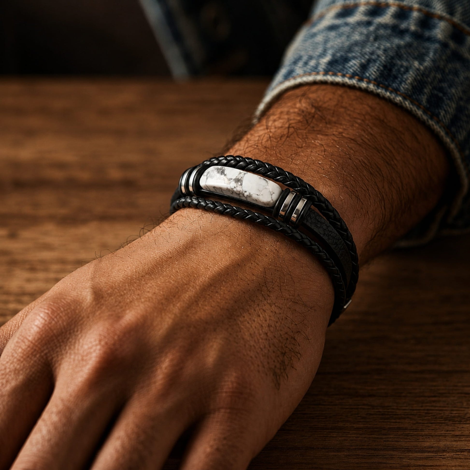 THE MEN THING Leather Bracelet WHITE HOWLITE CORE - 23mm Genuine Leather Multi-Layer Bracelet with Stainless Steel Magnetic Buckle for Men & Boys (8 inch)