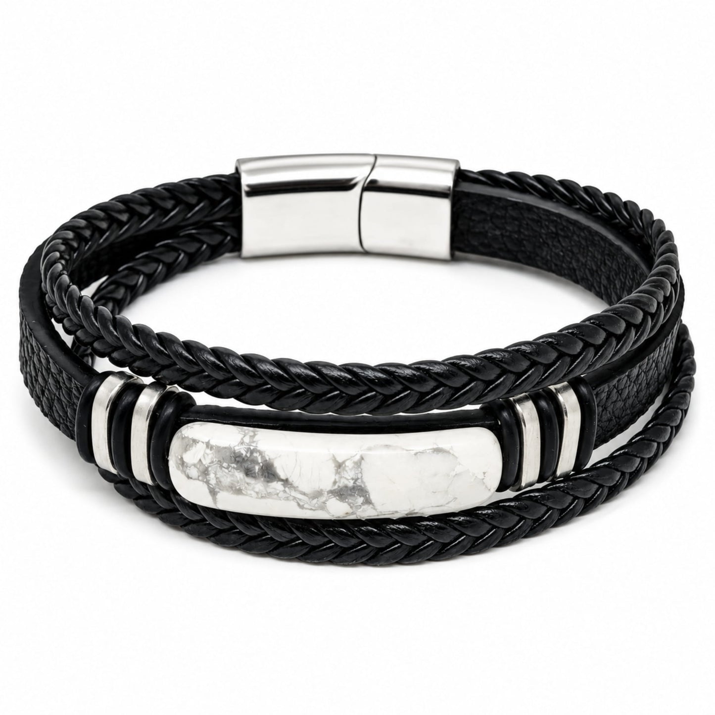 THE MEN THING Leather Bracelet WHITE HOWLITE CORE - 23mm Genuine Leather Multi-Layer Bracelet with Stainless Steel Magnetic Buckle for Men & Boys (8 inch)