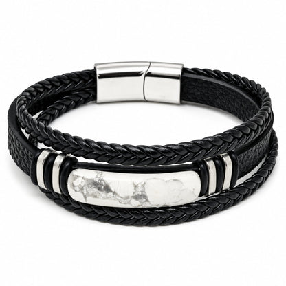 THE MEN THING Leather Bracelet WHITE HOWLITE CORE - 23mm Genuine Leather Multi-Layer Bracelet with Stainless Steel Magnetic Buckle for Men & Boys (8 inch)