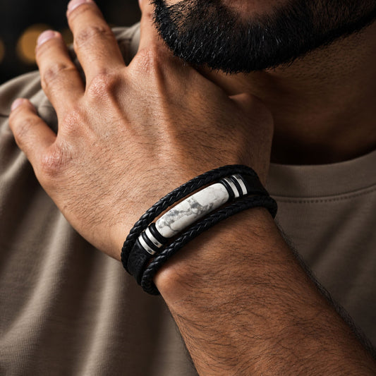 THE MEN THING Leather Bracelet WHITE HOWLITE CORE - 23mm Genuine Leather Multi-Layer Bracelet with Stainless Steel Magnetic Buckle for Men & Boys (8 inch)
