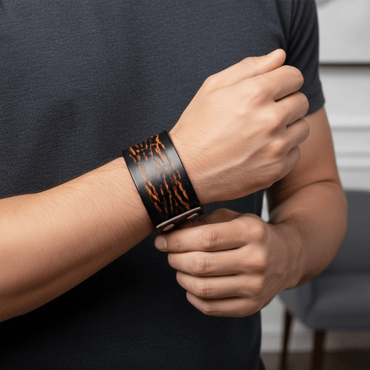 THE MEN THING Leather Bracelet WILD FLAME - 40mm Brown Genuine Leather Adjustable Bracelet for Men & Boys (9 inch)