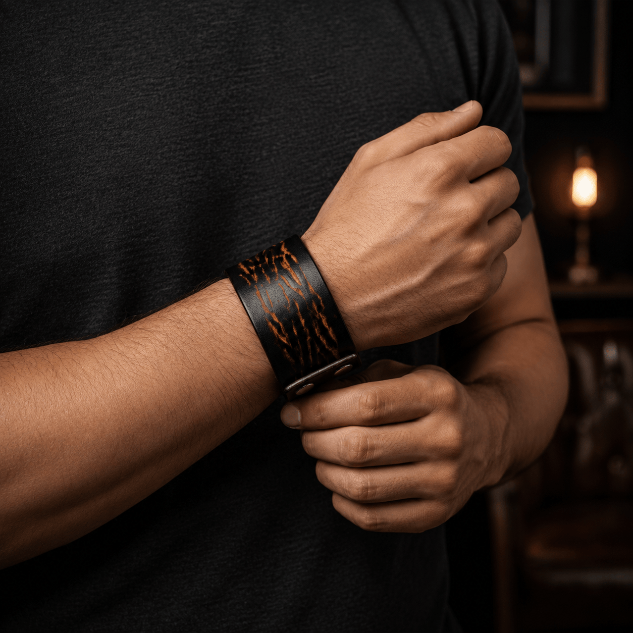 THE MEN THING Leather Bracelet WILD FLAME - 40mm Brown Genuine Leather Adjustable Bracelet for Men & Boys (9 inch)