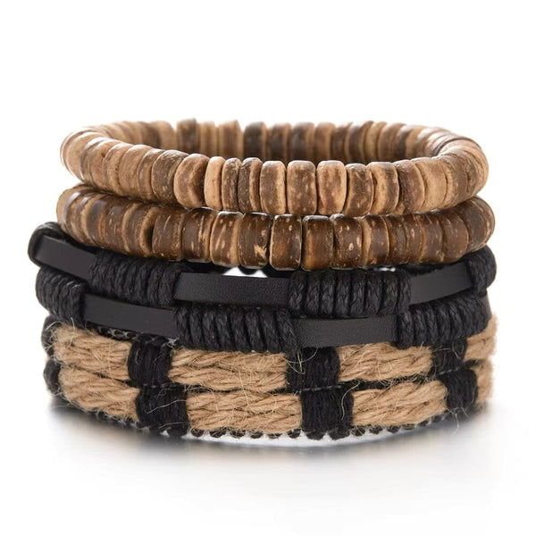 WILDERNESS BAND -  4 Pcs Genuine Braided Leather Bracelet Set for Men & Boys (8 inch)