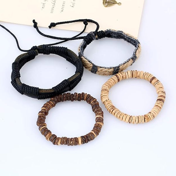 WILDERNESS BAND -  4 Pcs Genuine Braided Leather Bracelet Set for Men & Boys (8 inch)