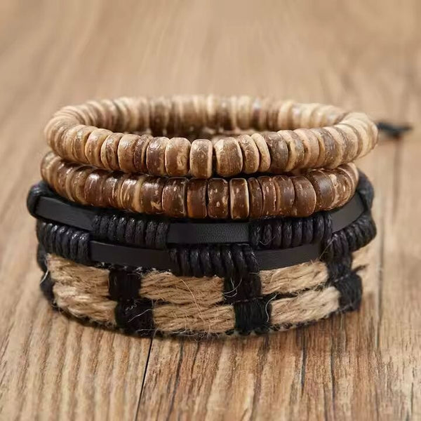 WILDERNESS BAND -  4 Pcs Genuine Braided Leather Bracelet Set for Men & Boys (8 inch)