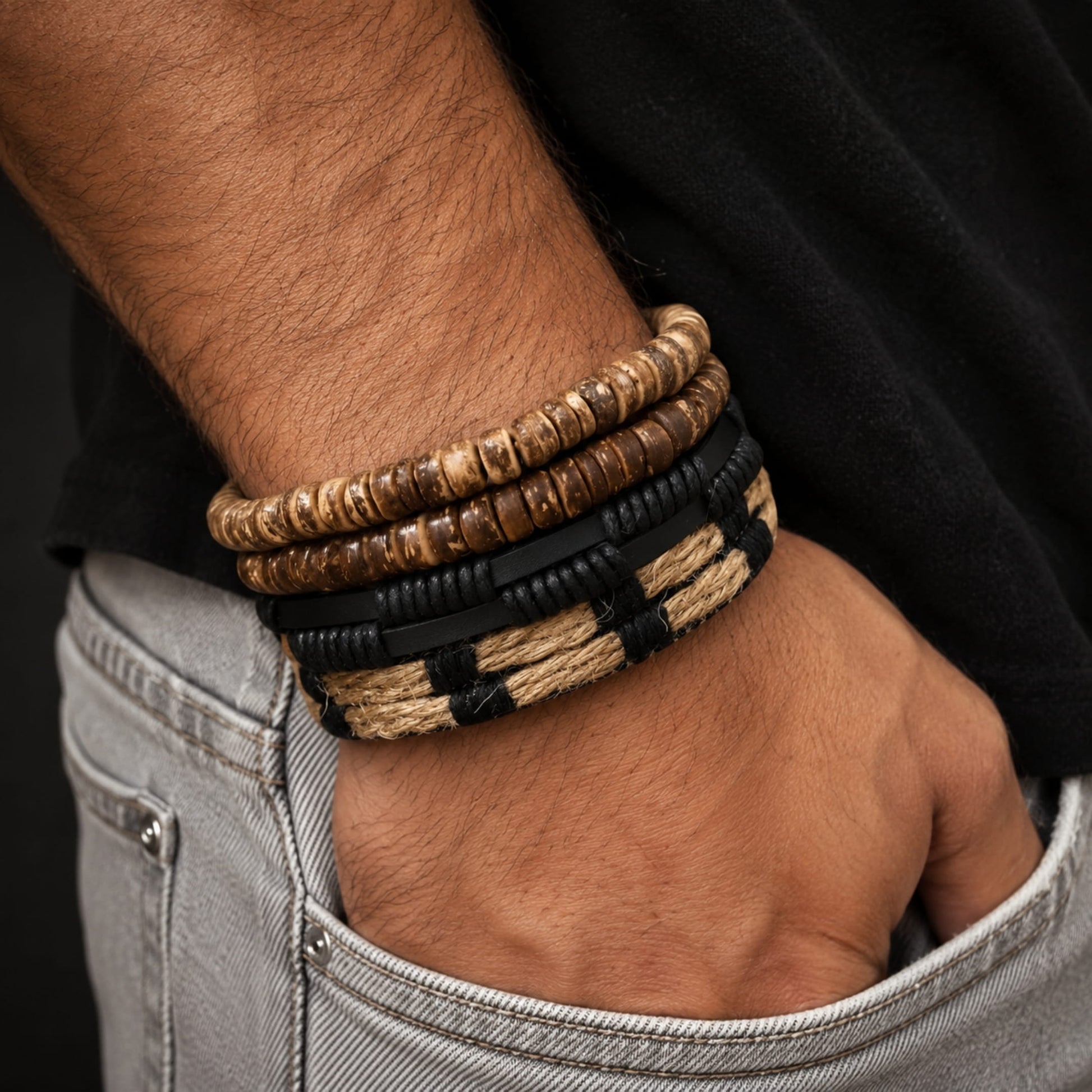 THE MEN THING Leather Bracelet WILDERNESS BAND -  4 Pcs Genuine Braided Leather Bracelet Set for Men & Boys (8 inch)