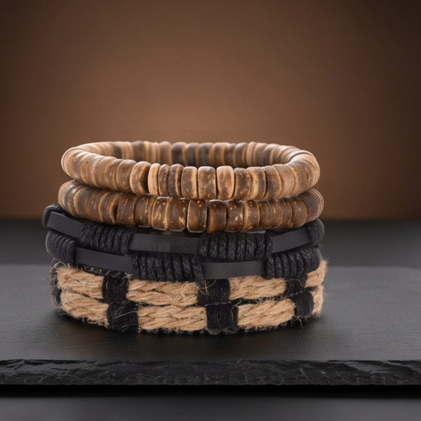 WILDERNESS BAND -  4 Pcs Genuine Braided Leather Bracelet Set for Men & Boys (8 inch)