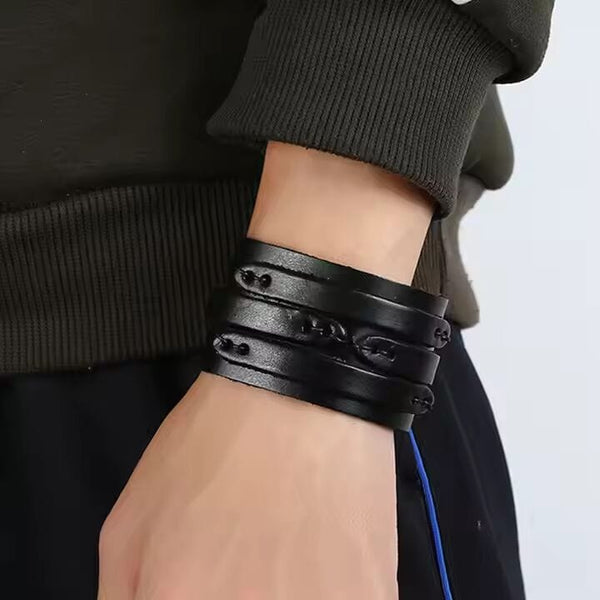 WILDFIRE WRAP BLACK - Genuine Braided Leather Bracelet Set for Men & Boys (8 inch)