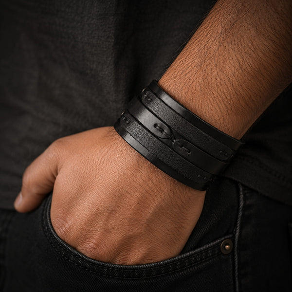 WILDFIRE WRAP BLACK - Genuine Braided Leather Bracelet Set for Men & Boys (8 inch)