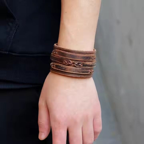 WILDFIRE WRAP BROWN - Genuine Braided Leather Bracelet Set for Men & Boys (8 inch)