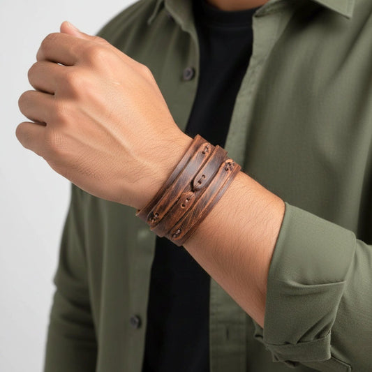 THE MEN THING Leather Bracelet WILDFIRE WRAP BROWN - Genuine Braided Leather Bracelet Set for Men & Boys (8 inch)