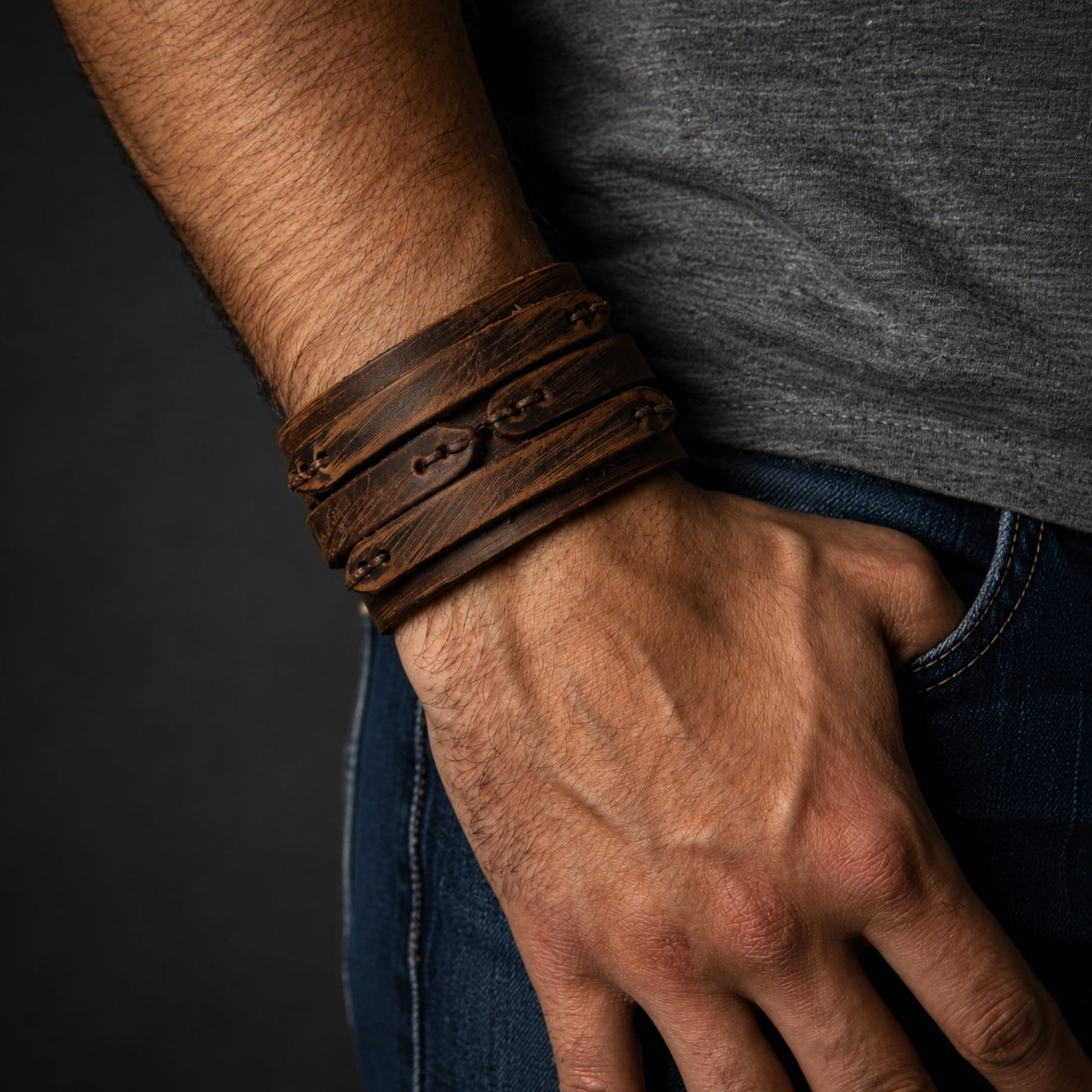 THE MEN THING Leather Bracelet WILDFIRE WRAP BROWN - Genuine Braided Leather Bracelet Set for Men & Boys (8 inch)