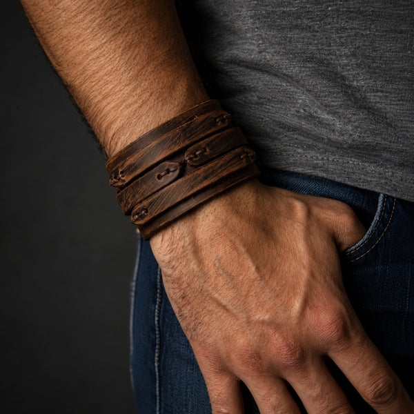 WILDFIRE WRAP BROWN - Genuine Braided Leather Bracelet Set for Men & Boys (8 inch)