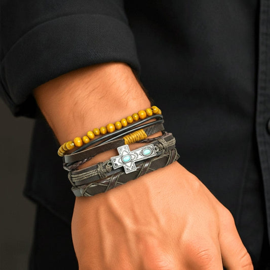 THE MEN THING Leather Bracelet WILDSOUL FAITH - 4 Pcs Genuine Leather Adjustable Bracelet Set for Men & Boys (8 inch)