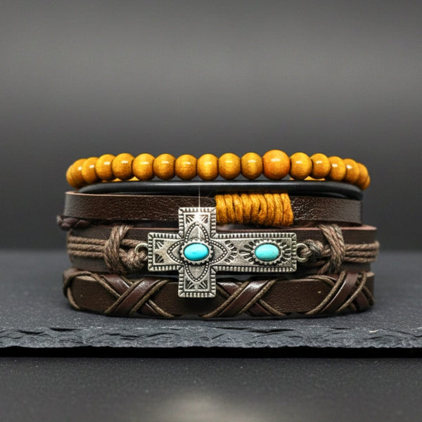 WILDSOUL FAITH - 4 Pcs Genuine Leather Adjustable Bracelet Set for Men & Boys (8 inch)