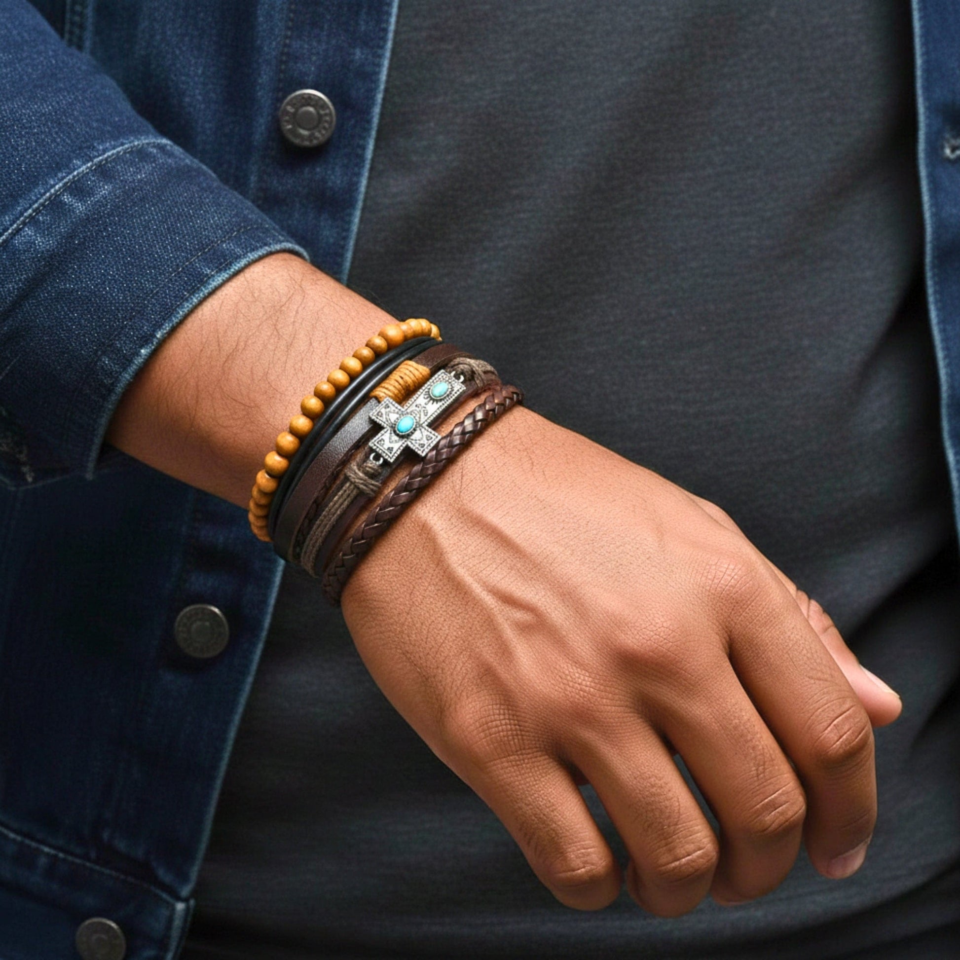 THE MEN THING Leather Bracelet WILDSOUL FAITH - 4 Pcs Genuine Leather Adjustable Bracelet Set for Men & Boys (8 inch)