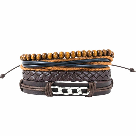 THE MEN THING Leather Bracelet WILDWOOD CHAINSTACK - 4 Pcs Genuine Leather Adjustable Bracelet Set for Men & Boys (8 inch)