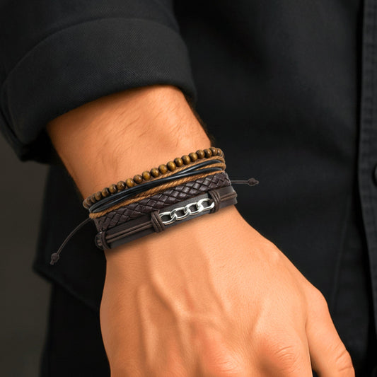 THE MEN THING Leather Bracelet WILDWOOD CHAINSTACK - 4 Pcs Genuine Leather Adjustable Bracelet Set for Men & Boys (8 inch)