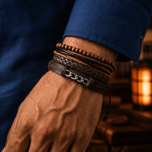 THE MEN THING Leather Bracelet WILDWOOD CHAINSTACK - 4 Pcs Genuine Leather Adjustable Bracelet Set for Men & Boys (8 inch)