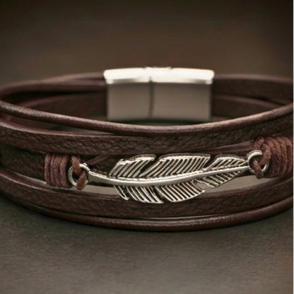 THE MEN THING Leather Bracelet WING SPIRIT - 23mm Genuine Leather Multi-Layer Bracelet with Stainless Steel Magnetic Buckle for Men & Boys (8 inch)