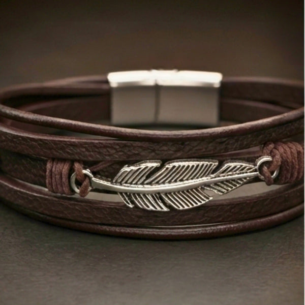 WING SPIRIT - 23mm Genuine Leather Multi-Layer Bracelet with Stainless Steel Magnetic Buckle for Men & Boys (8 inch)