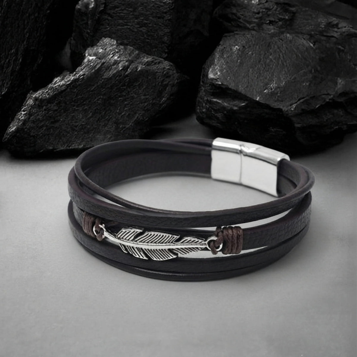 THE MEN THING Leather Bracelet WING SPIRIT - 23mm Genuine Leather Multi-Layer Bracelet with Stainless Steel Magnetic Buckle for Men & Boys (8 inch)