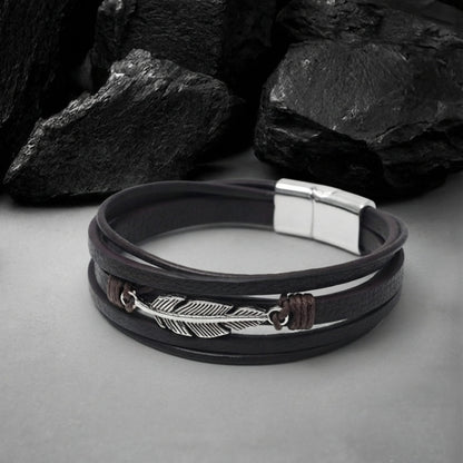 THE MEN THING Leather Bracelet WING SPIRIT - 23mm Genuine Leather Multi-Layer Bracelet with Stainless Steel Magnetic Buckle for Men & Boys (8 inch)