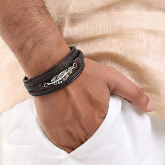 THE MEN THING Leather Bracelet WING SPIRIT - 23mm Genuine Leather Multi-Layer Bracelet with Stainless Steel Magnetic Buckle for Men & Boys (8 inch)
