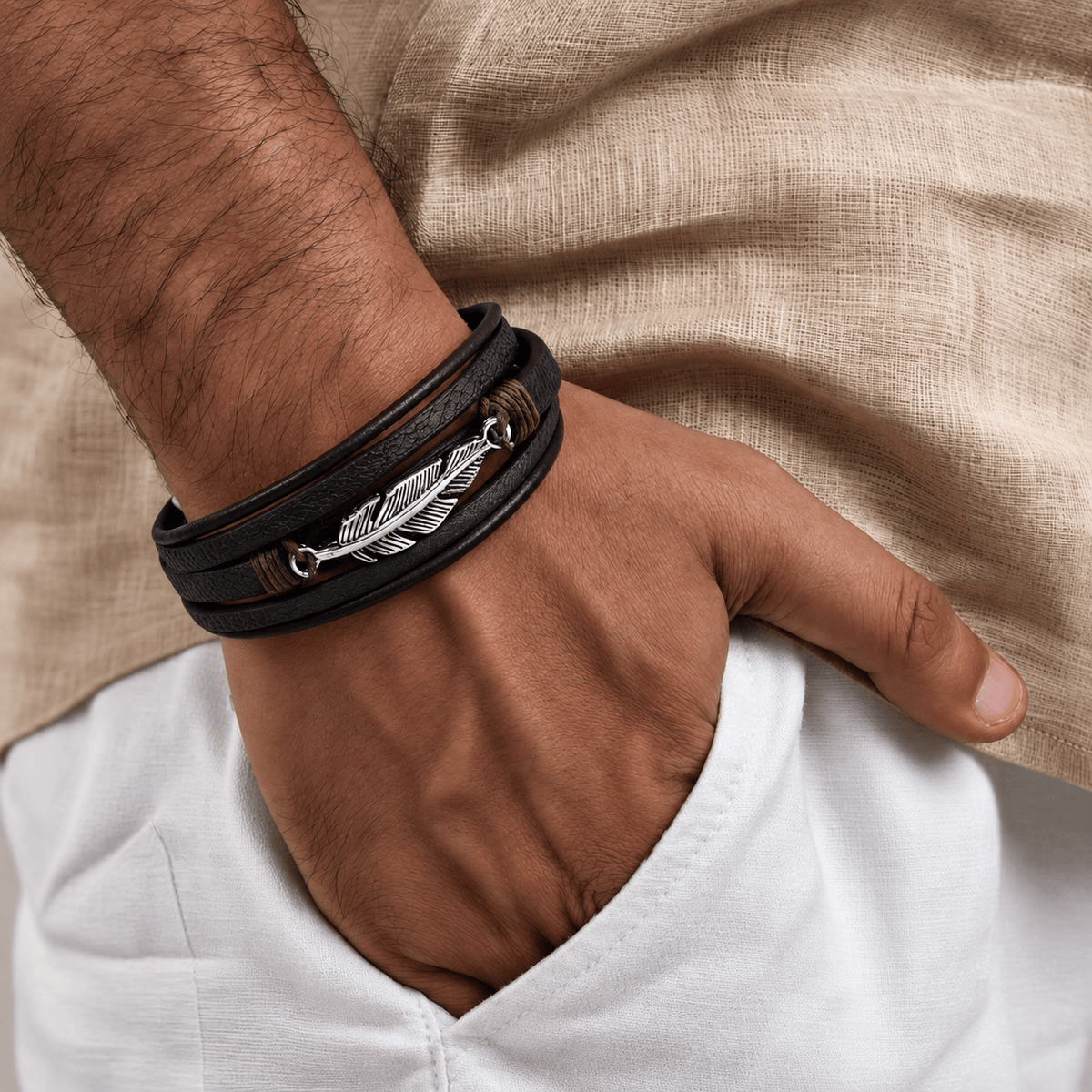 THE MEN THING Leather Bracelet WING SPIRIT - 23mm Genuine Leather Multi-Layer Bracelet with Stainless Steel Magnetic Buckle for Men & Boys (8 inch)