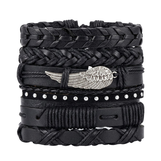 THE MEN THING Leather Bracelet WINGCORE - 6 Pcs Genuine Leather Adjustable Bracelet for Men & Boys