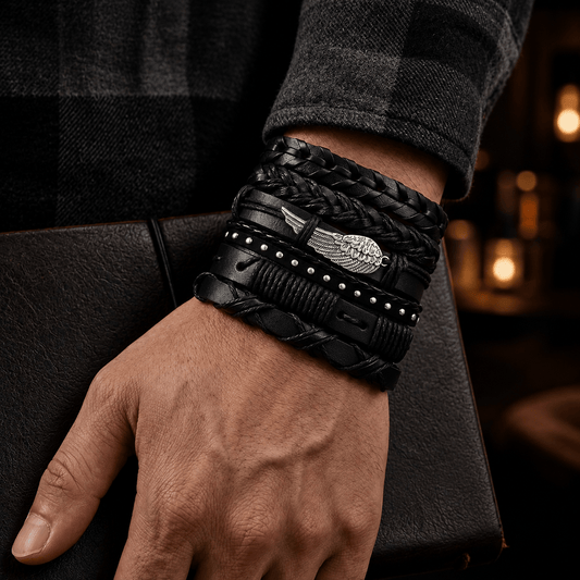 THE MEN THING Leather Bracelet WINGCORE - 6 Pcs Genuine Leather Adjustable Bracelet for Men & Boys