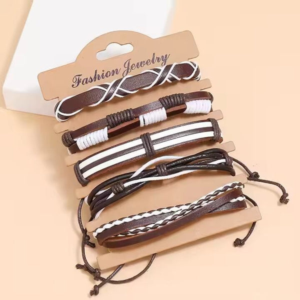 WOLFBANE STRAPS -  5 Pcs Genuine Braided Leather Bracelet Set for Men & Boys (8 inch)