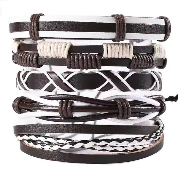 WOLFBANE STRAPS -  5 Pcs Genuine Braided Leather Bracelet Set for Men & Boys (8 inch)