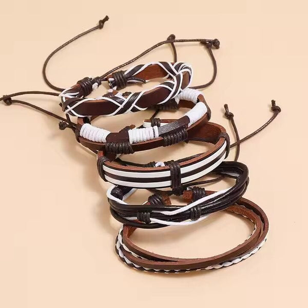 WOLFBANE STRAPS -  5 Pcs Genuine Braided Leather Bracelet Set for Men & Boys (8 inch)