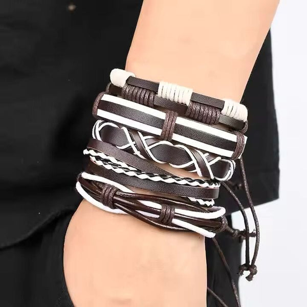 WOLFBANE STRAPS -  5 Pcs Genuine Braided Leather Bracelet Set for Men & Boys (8 inch)