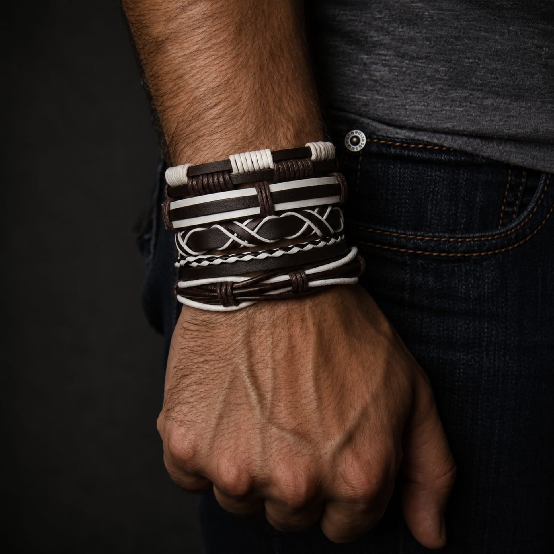 THE MEN THING Leather Bracelet WOLFBANE STRAPS -  5 Pcs Genuine Braided Leather Bracelet Set for Men & Boys (8 inch)