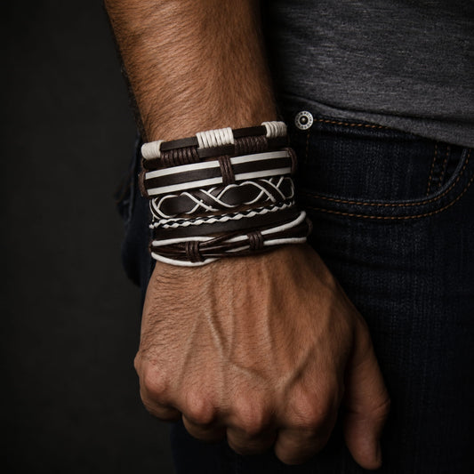 THE MEN THING Leather Bracelet WOLFBANE STRAPS -  5 Pcs Genuine Braided Leather Bracelet Set for Men & Boys (8 inch)