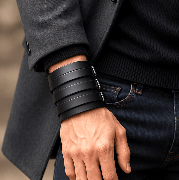 WRAITHBINDER BLACK - Genuine Braided Leather Bracelet Set for Men & Boys (8inch)