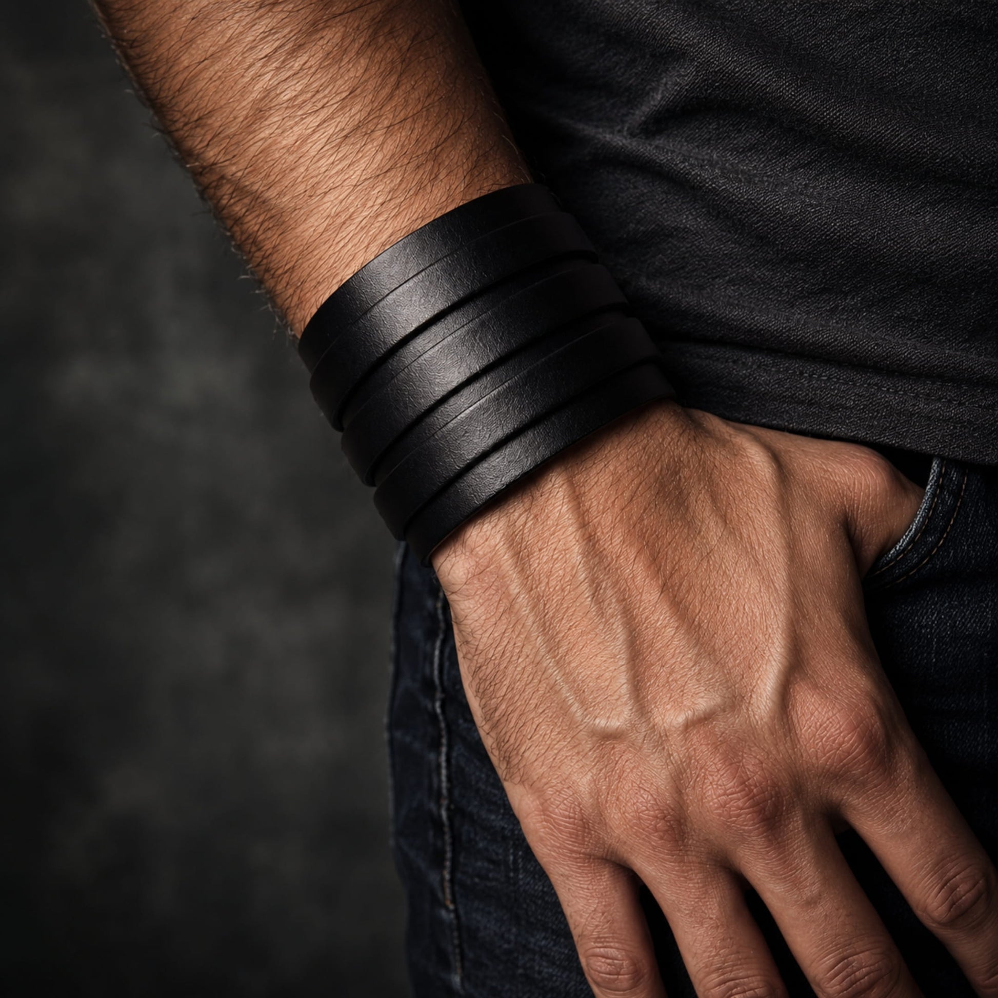THE MEN THING Leather Bracelet WRAITHBINDER BLACK - Genuine Braided Leather Bracelet Set for Men & Boys (8inch)